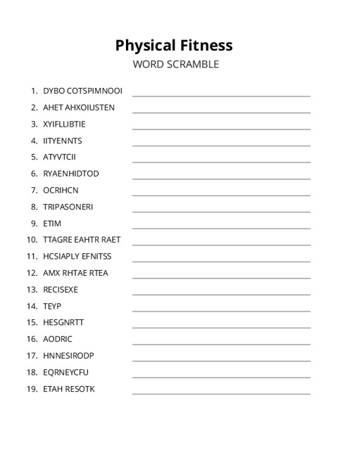 Physical Fitness Word Scramble Puzzle