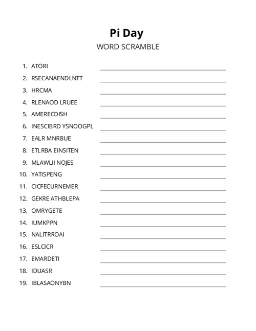 Pi Day Word Scramble Puzzle
