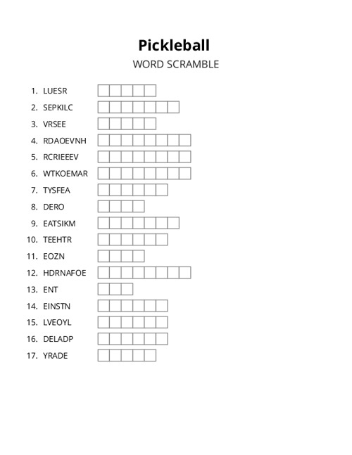 Pickleball Word Scramble Puzzle