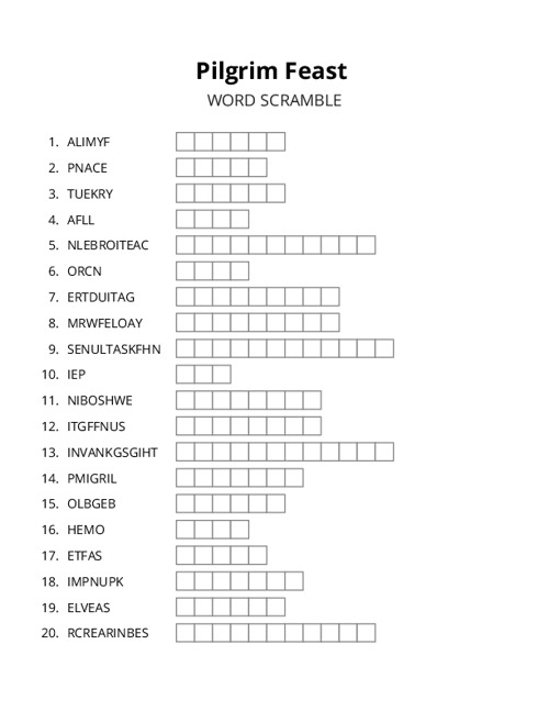 Pilgrim Feast Word Scramble Puzzle