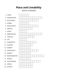 Place and Liveability word scramble puzzle