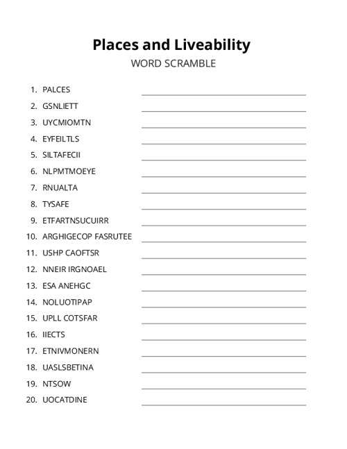 Places and Liveability Word Scramble Puzzle