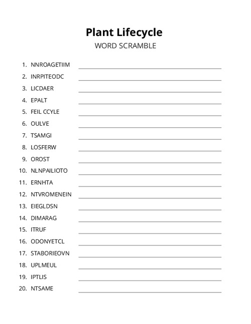 Plant Lifecycle Word Scramble Puzzle