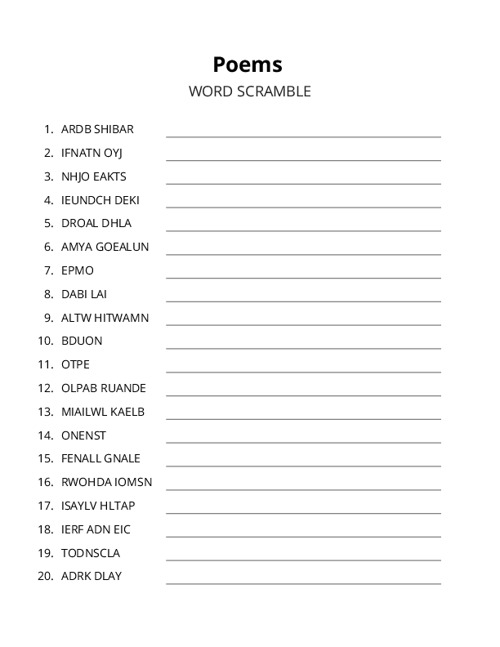 Poems Word Scramble Puzzle