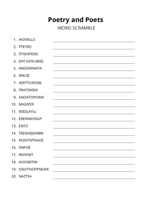 Poetry and Poets Word Scramble Puzzle