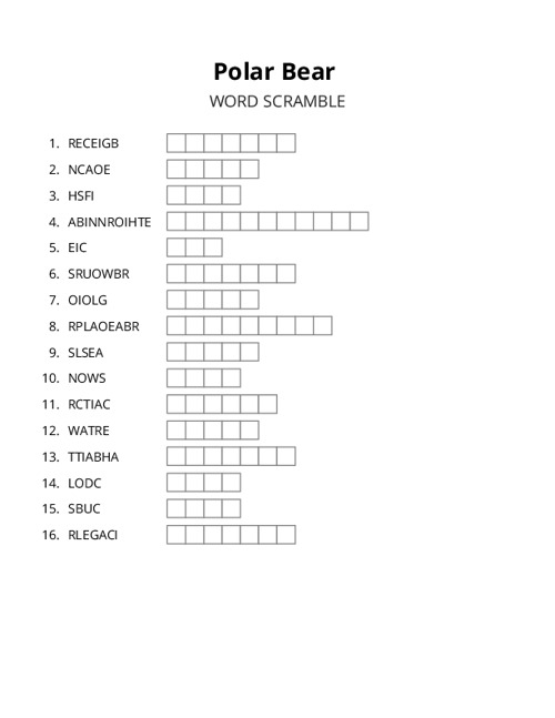Polar Bear Word Scramble Puzzle