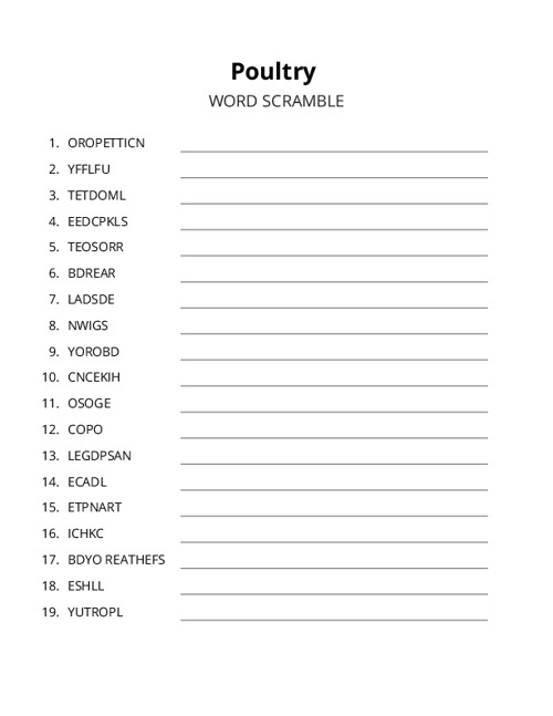 Poultry Word Scramble Puzzle