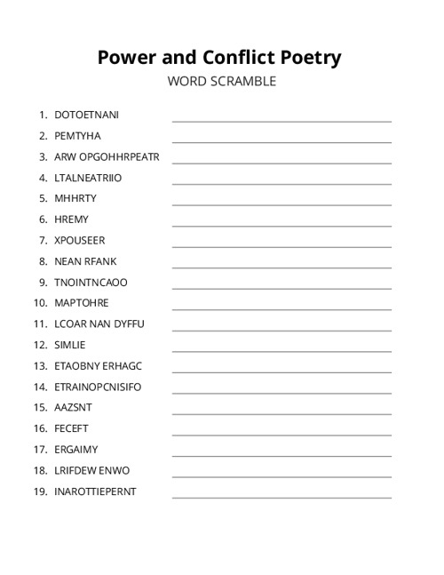 Power and Conflict Poetry Word Scramble Puzzle