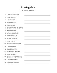 Pre-Algebra word scramble puzzle
