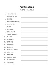 Printmaking word scramble puzzle