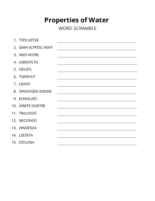 Properties of Water Word Scramble Puzzle