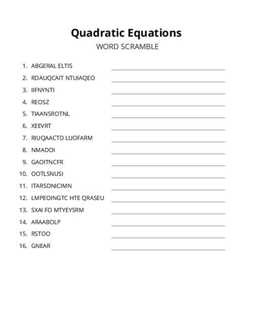 Quadratic Equations Word Scramble Puzzle