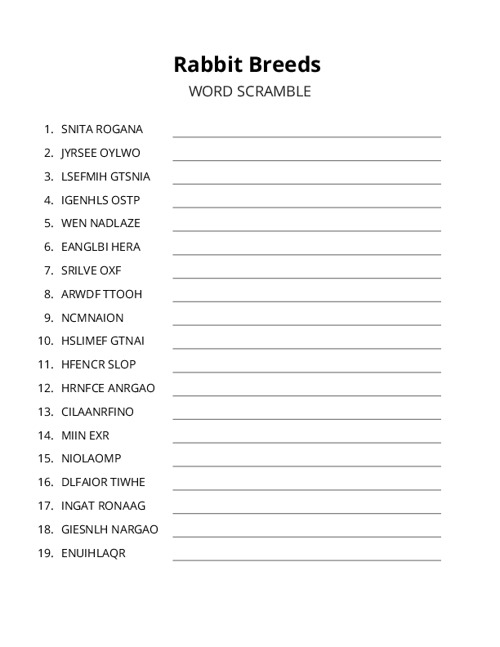Rabbit Breeds Word Scramble Puzzle
