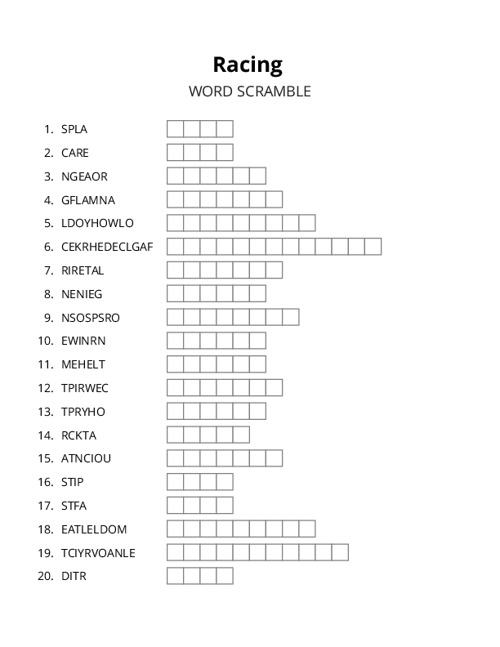 Racing Word Scramble Puzzle