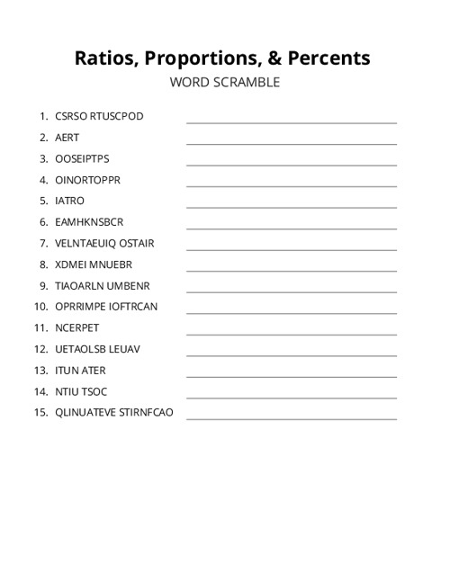 Ratios, Proportions, & Percents Word Scramble Puzzle