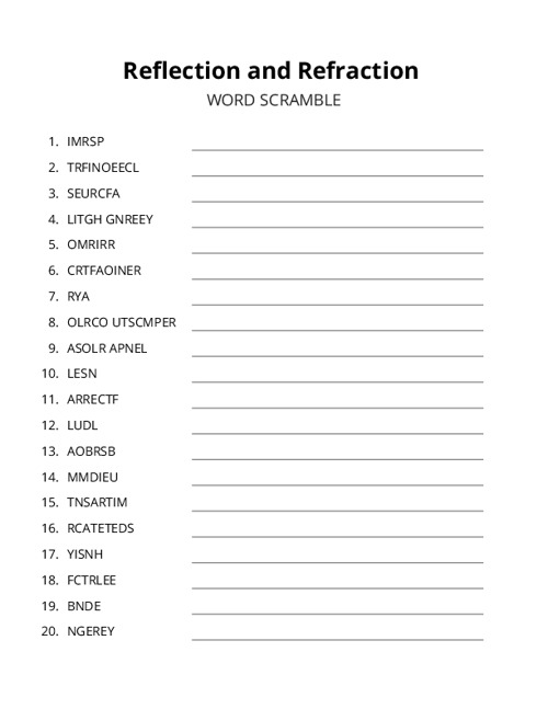 Reflection and Refraction Word Scramble Puzzle
