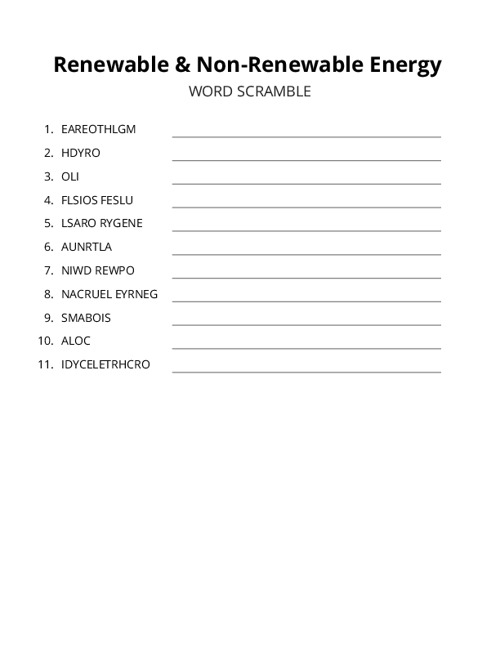 Renewable & Non-Renewable Energy Word Scramble Puzzle