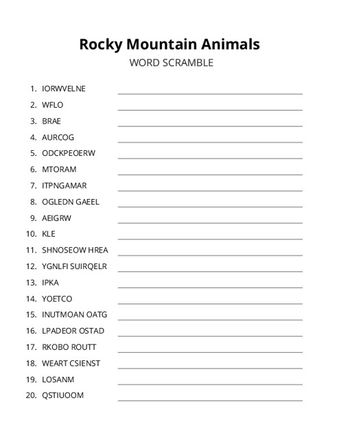 Rocky Mountain Animals Word Scramble Puzzle