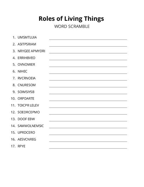 Roles of Living Things Word Scramble Puzzle
