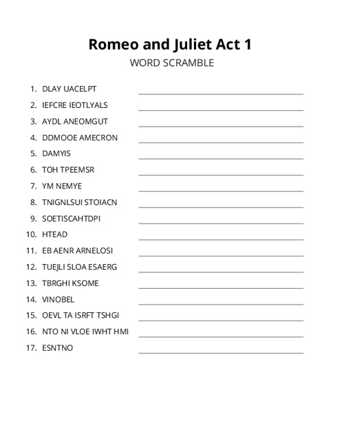Romeo and Juliet Act 1 Word Scramble Puzzle