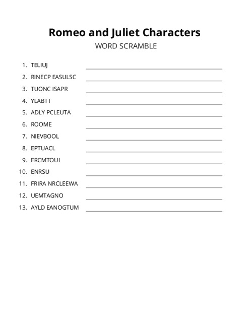 Romeo and Juliet Characters Word Scramble Puzzle