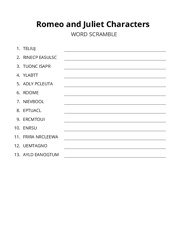 Romeo and Juliet Characters word scramble puzzle