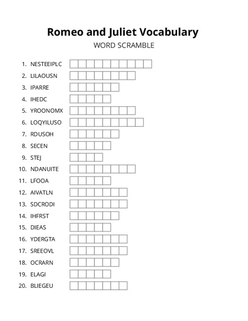 Romeo and Juliet Vocabulary Word Scramble Puzzle