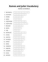 Romeo and Juliet Vocabulary word scramble puzzle