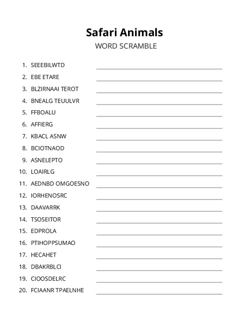 Safari Animals Word Scramble Puzzle