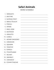 Safari Animals word scramble puzzle