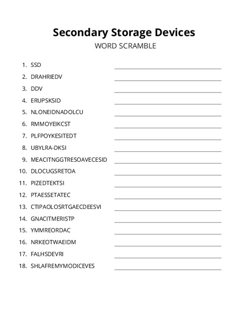 Secondary Storage Devices Word Scramble Puzzle