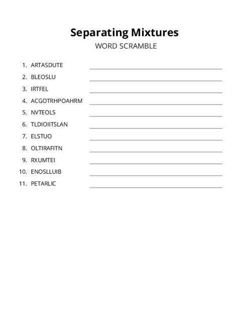 Separating Mixtures Word Scramble Puzzle