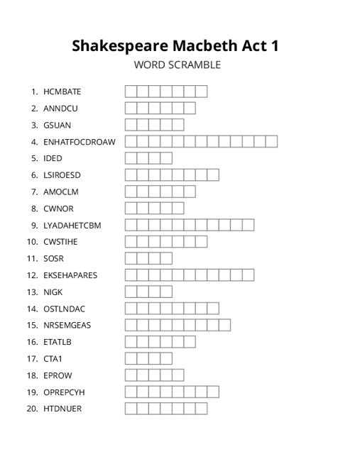 Shakespeare Macbeth Act 1 Word Scramble Puzzle