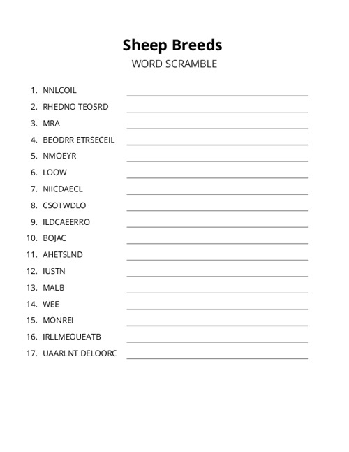 Sheep Breeds Word Scramble Puzzle