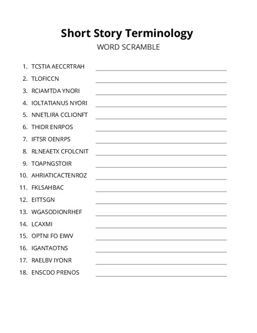 Short Story Terminology Word Scramble Puzzle