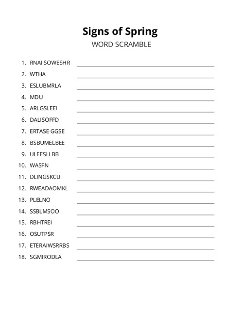 Signs of Spring Word Scramble Puzzle