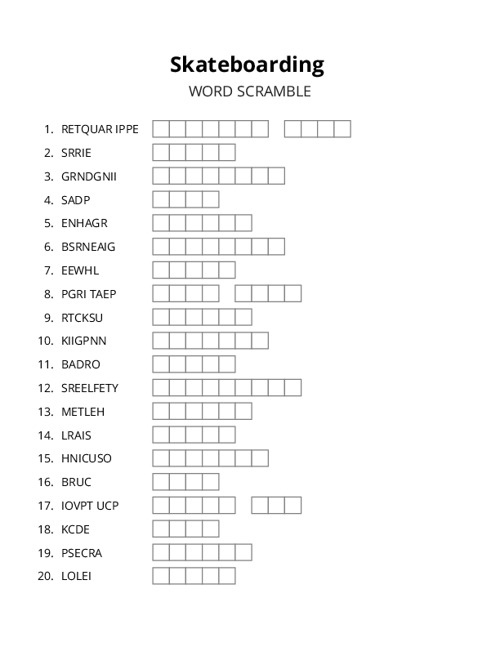 Skateboarding Word Scramble Puzzle