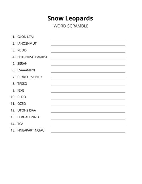 Snow Leopards Word Scramble Puzzle