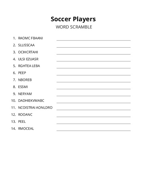 Soccer Players Word Scramble Puzzle