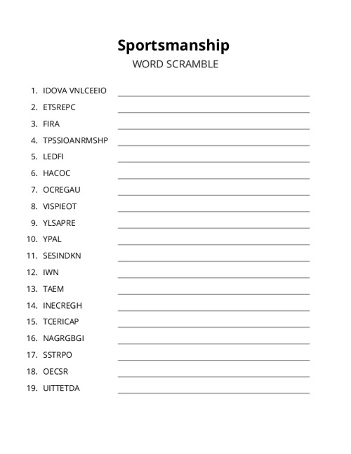 Sportsmanship Word Scramble Puzzle