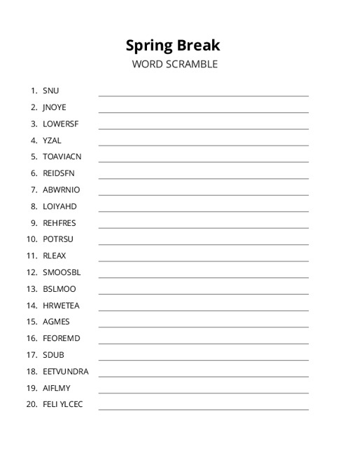 Spring Break Word Scramble Puzzle