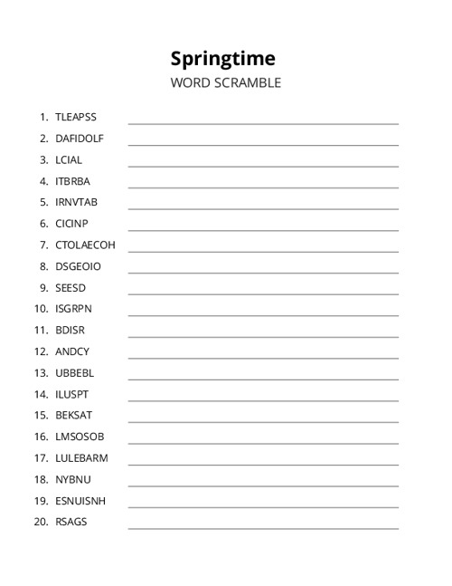 Springtime Word Scramble Puzzle