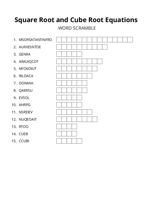Square Root and Cube Root Equations Word Scramble Puzzle