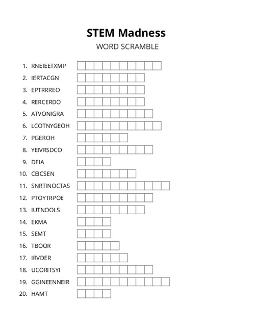 STEM Madness Word Scramble Puzzle
