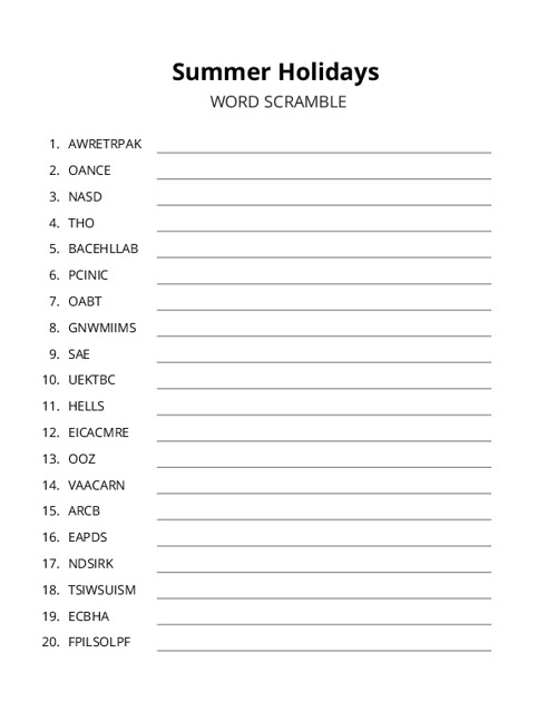 Summer Holidays Word Scramble Puzzle