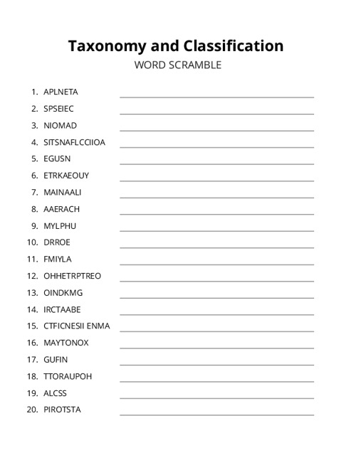 Taxonomy and Classification Word Scramble Puzzle