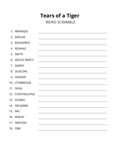 Tears of a Tiger Word Scramble Puzzle
