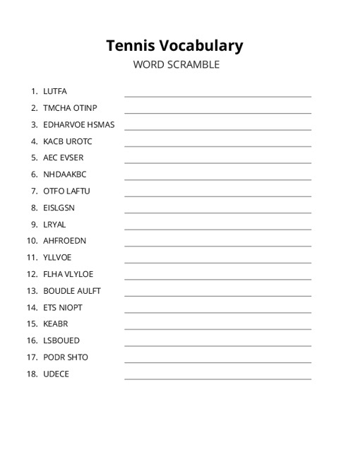 Tennis Vocabulary Word Scramble Puzzle