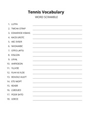 Tennis Vocabulary word scramble puzzle