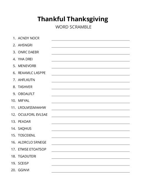 Thankful Thanksgiving Word Scramble Puzzle